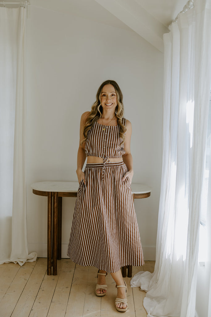 Striped Top And Skirt Set - Brown