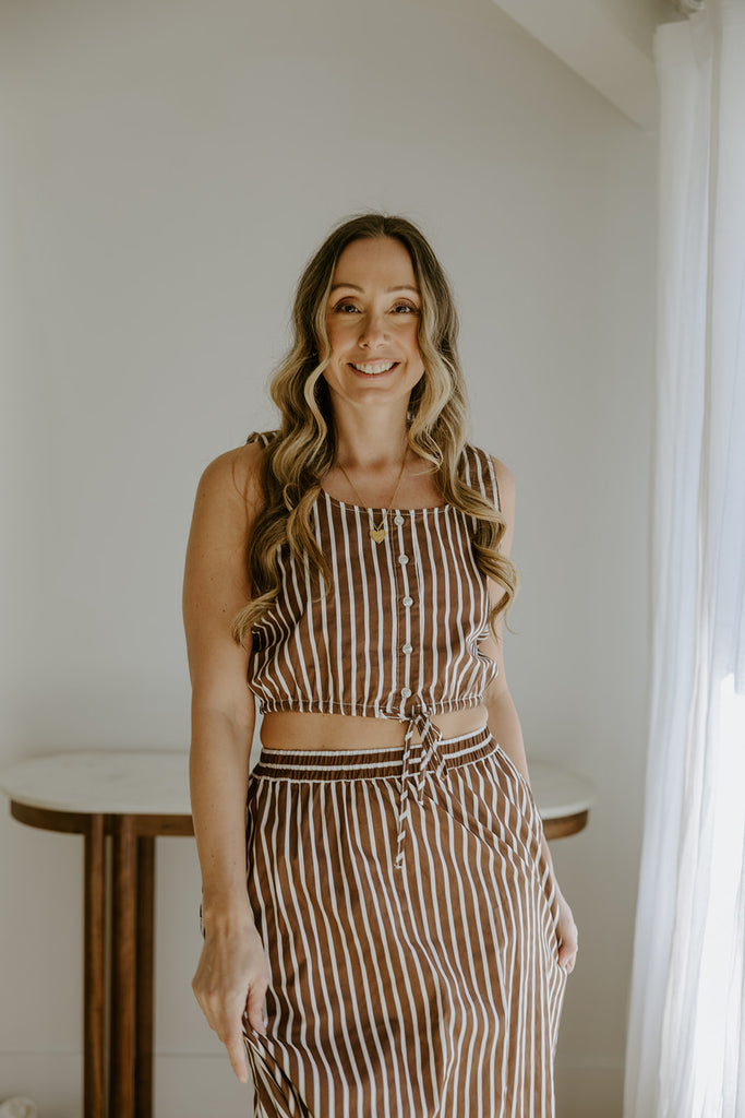 Striped Top And Skirt Set - Brown