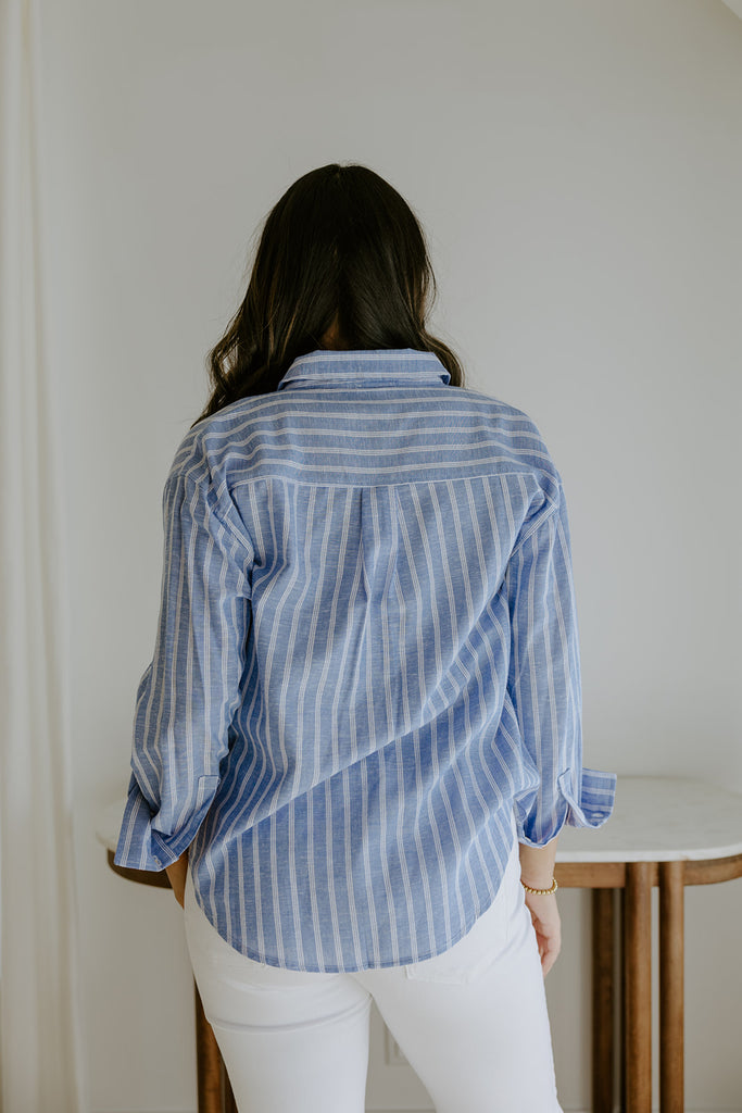 Linen Blend Striped Top - Blue