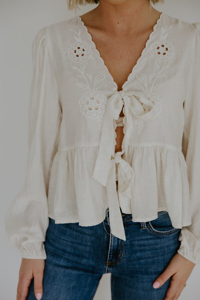 Peplum Front Tie Shirt With Embroidery - Ivory