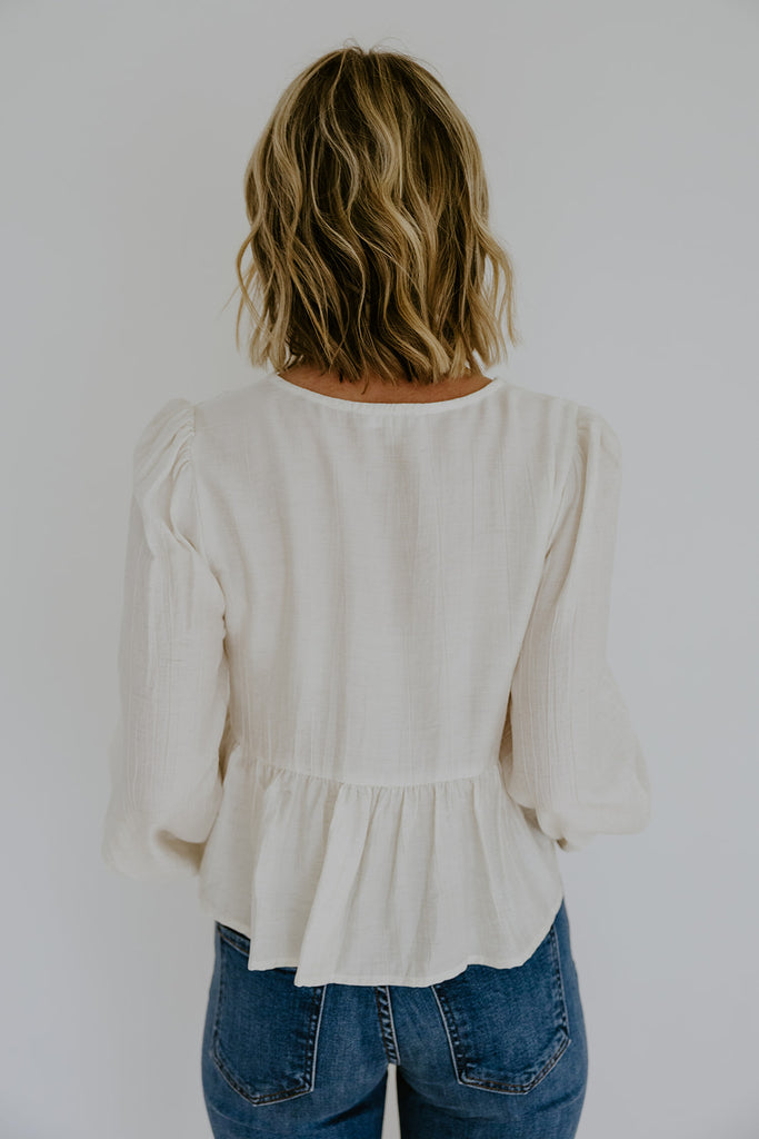 Peplum Front Tie Shirt With Embroidery - Ivory