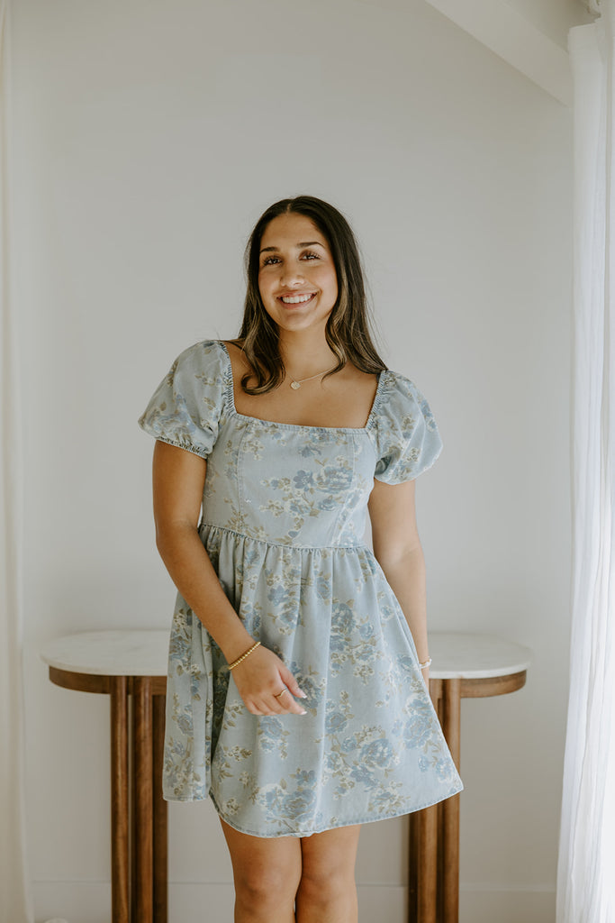 Denim Dress with Floral Print