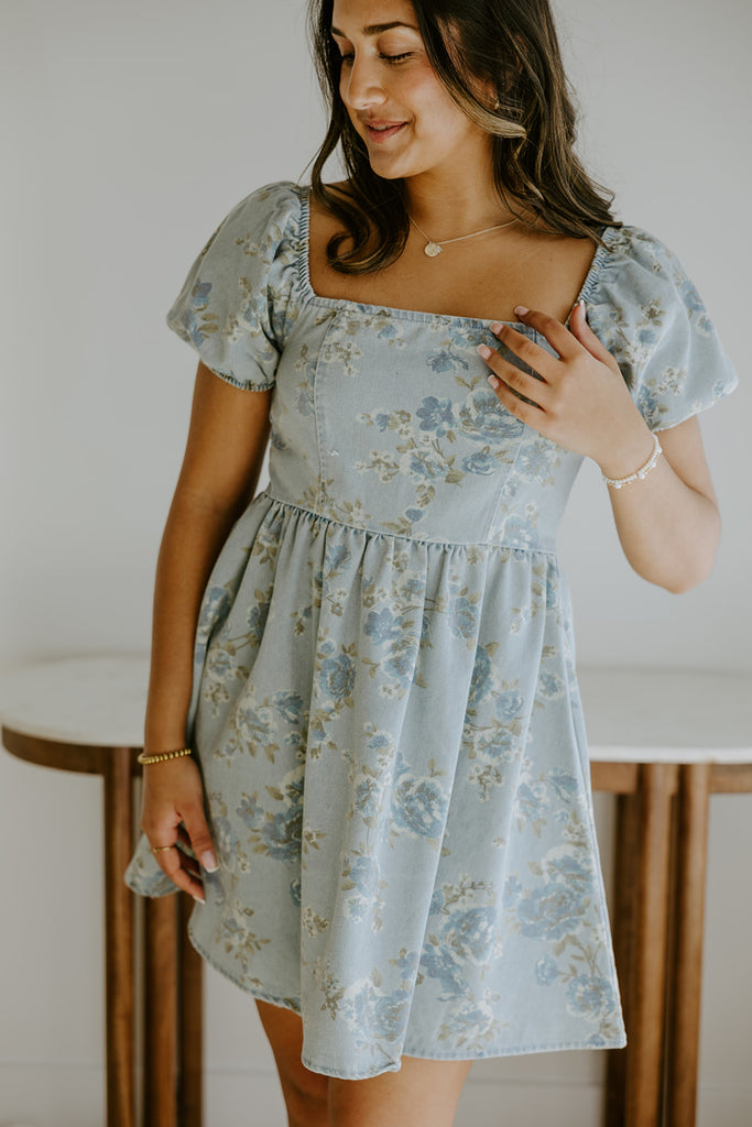 Denim Dress with Floral Print