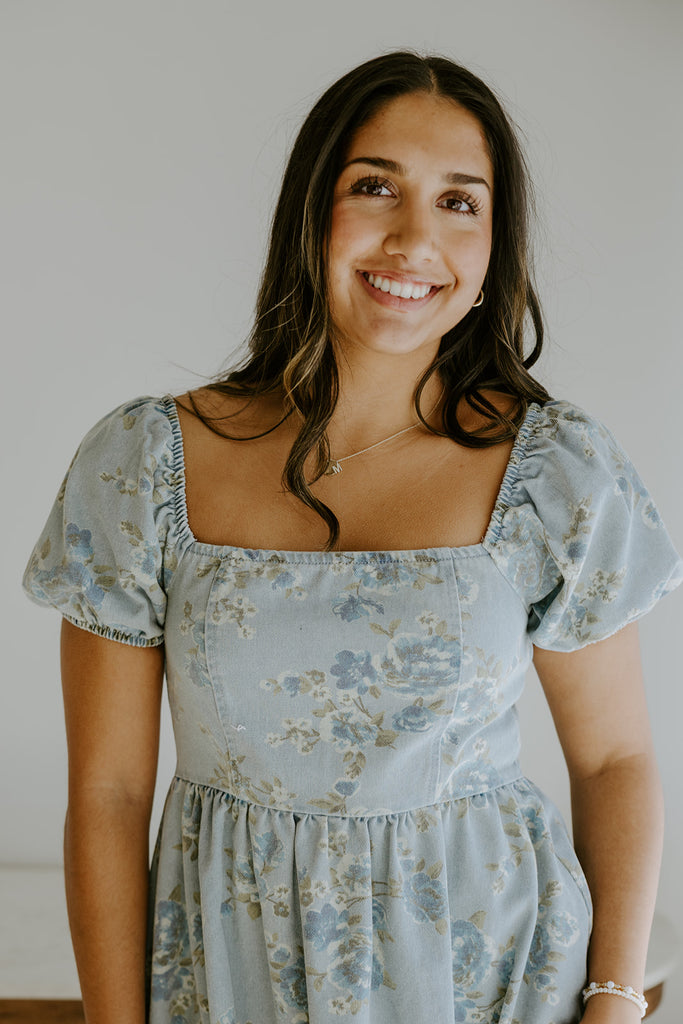 Denim Dress with Floral Print