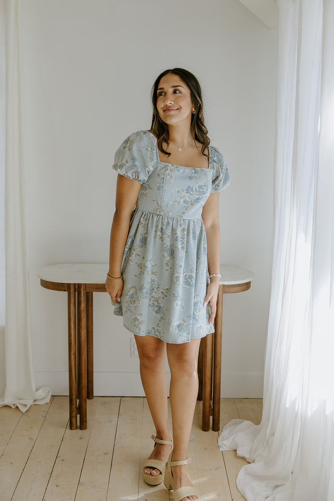Denim Dress with Floral Print