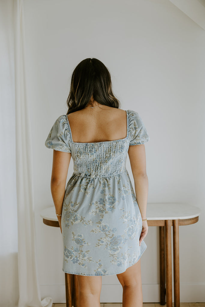 Denim Dress with Floral Print