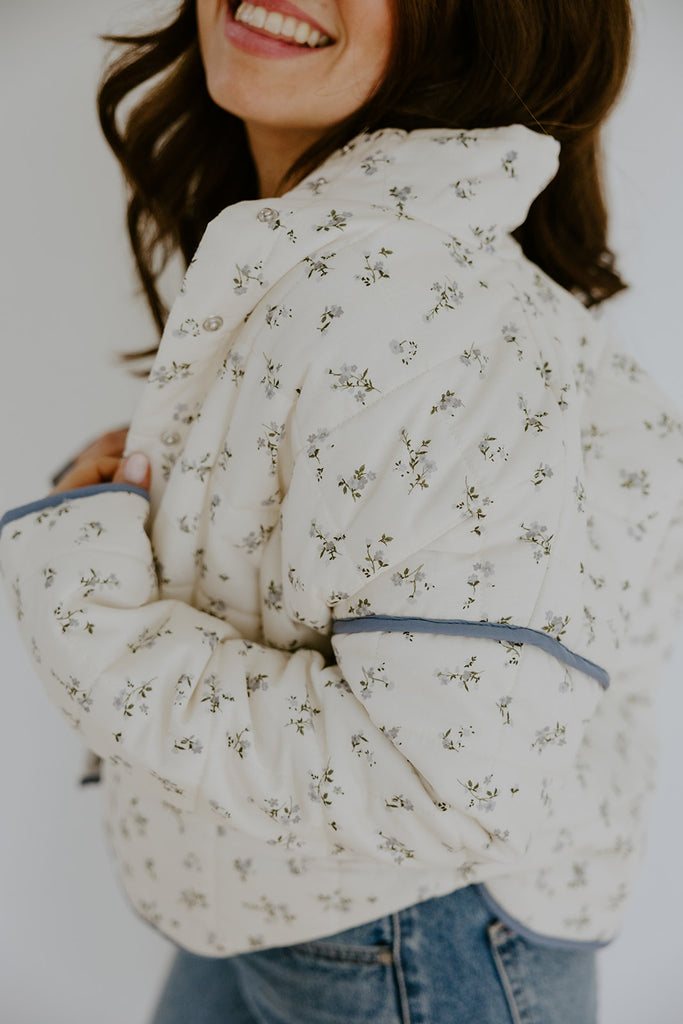 Quilted Floral Bomber Jacket - Blue