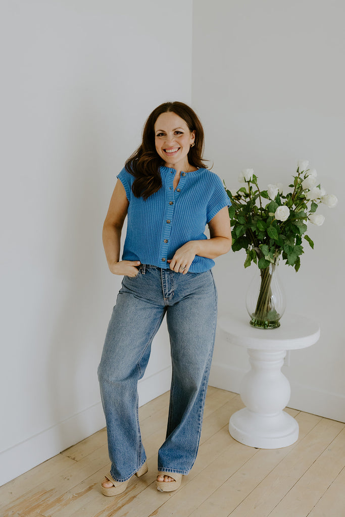 Knit Button Down Vest - Blue