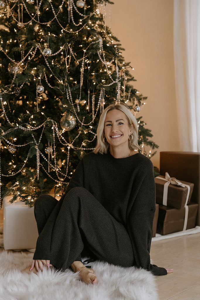 Waffle Textured Sweater & Pant Set - Charcoal
