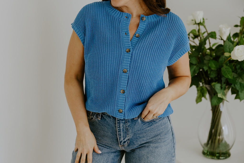 Knit Button Down Vest - Blue