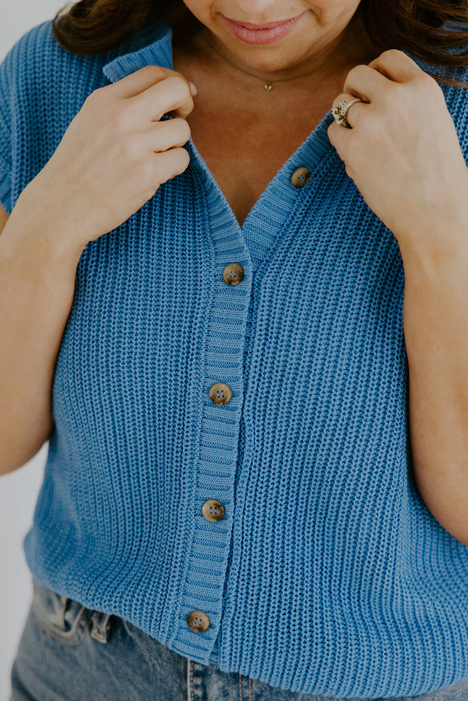 Knit Button Down Vest - Blue