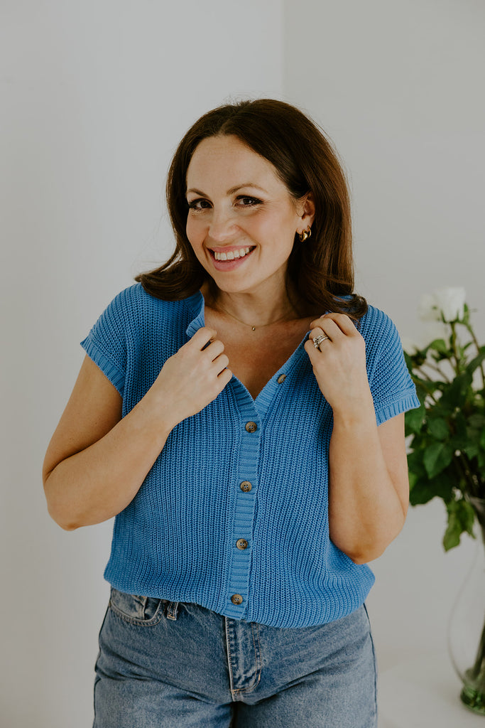 Knit Button Down Vest - Blue