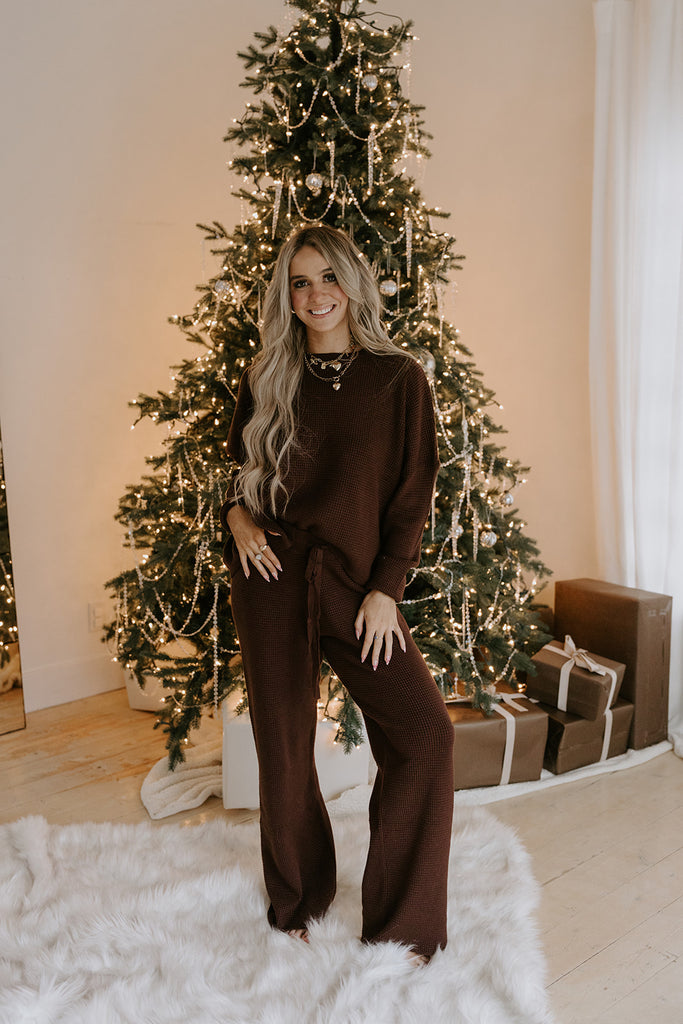 Waffle Textured Sweater & Pant Set - Cacao