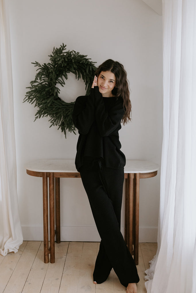 Waffle Textured Sweater & Pant Set - Black