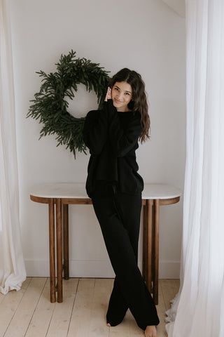 Waffle Textured Sweater & Pant Set - Black