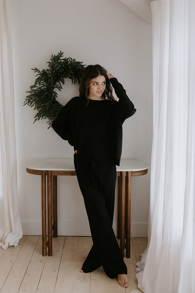 Waffle Textured Sweater & Pant Set - Black