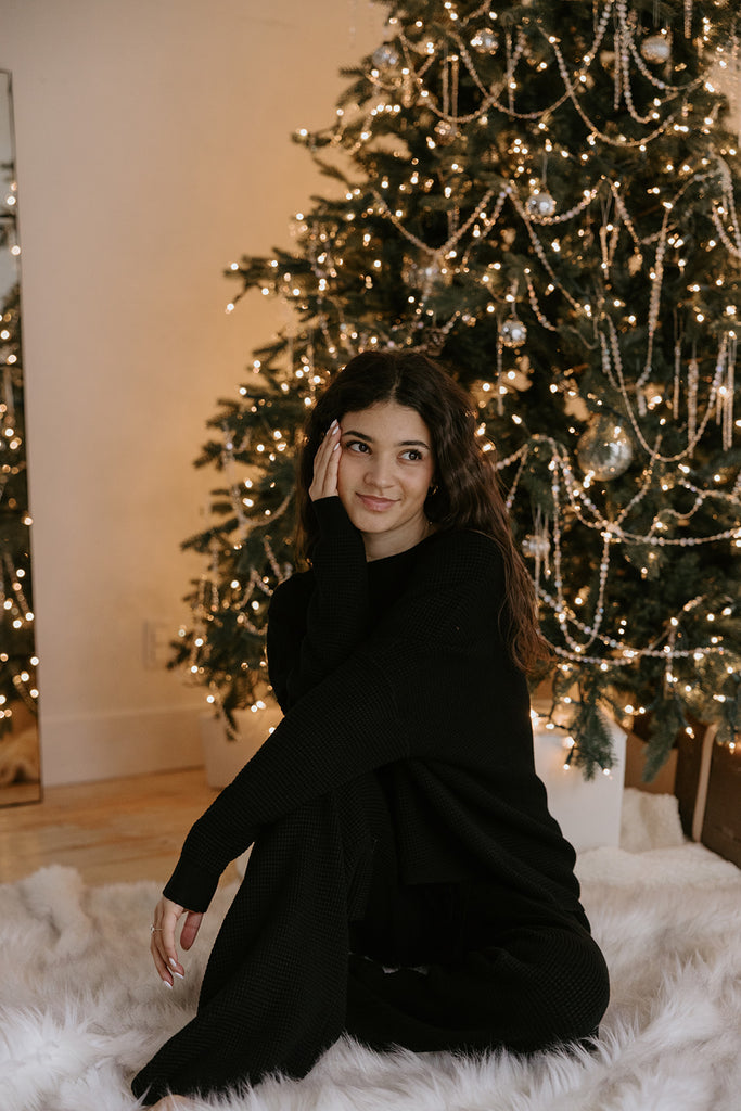 Waffle Textured Sweater & Pant Set - Black