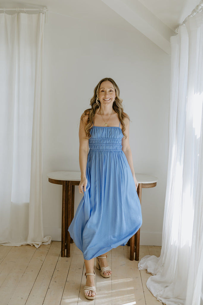 Lightweight Ruched Top Midi Dress - Blue