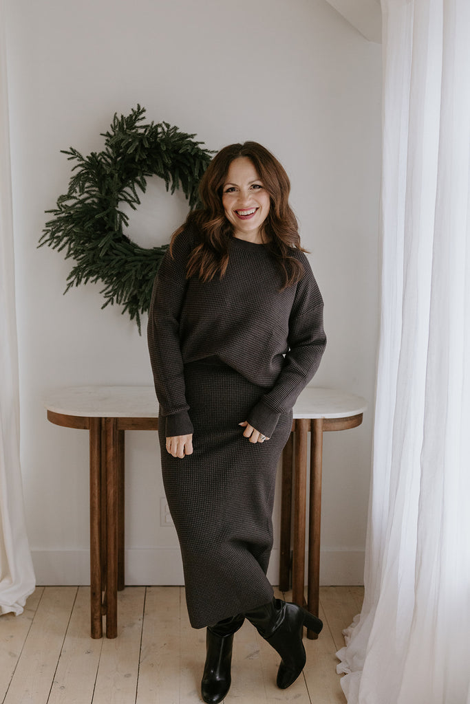 Waffle Sweater & Skirt Set - Heather Charcoal