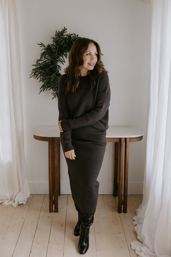 Waffle Sweater & Skirt Set - Heather Charcoal