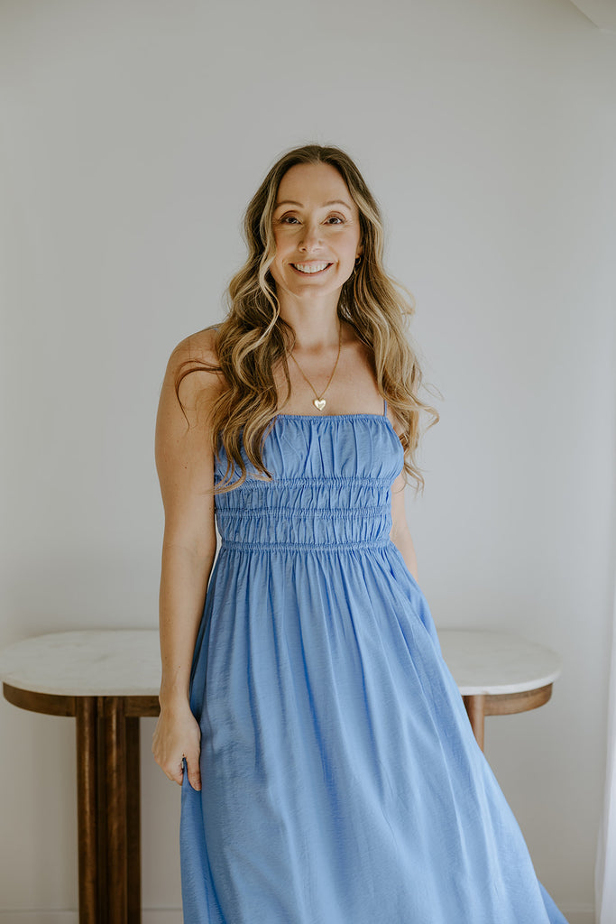 Lightweight Ruched Top Midi Dress - Blue