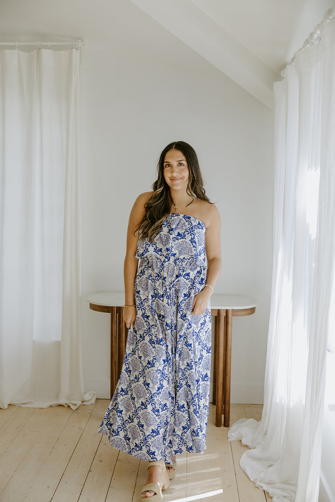 Strapless Printed Belted maxi Dress
