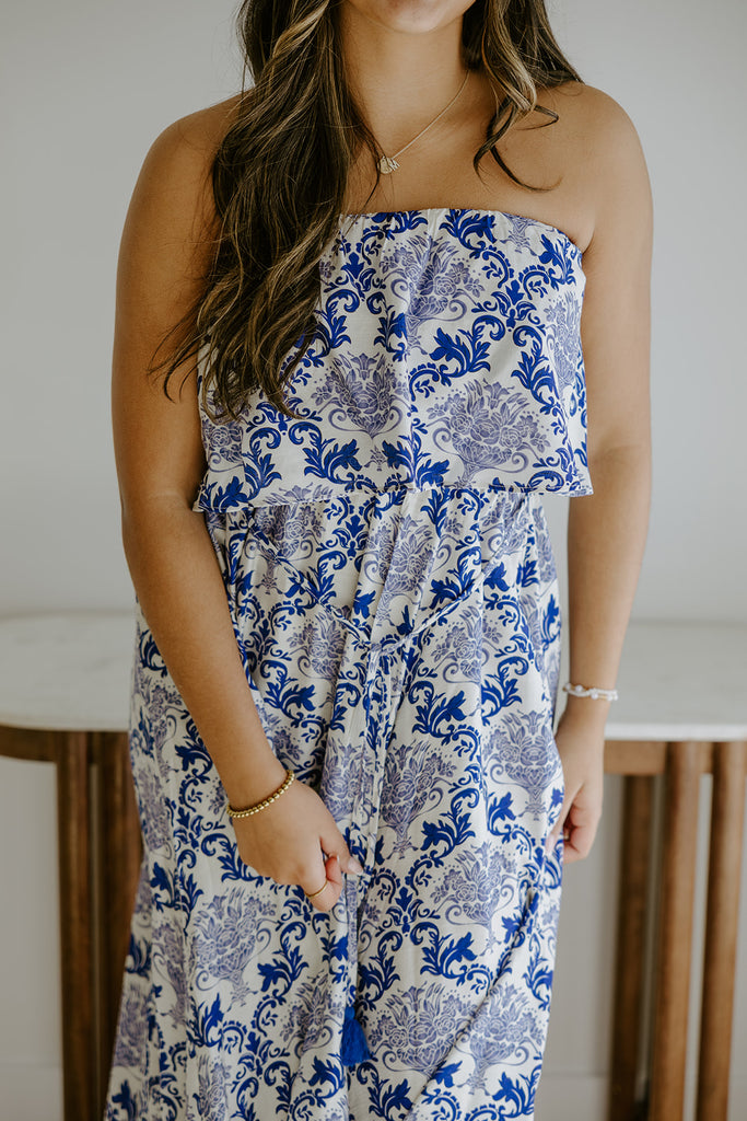 Strapless Printed Belted maxi Dress
