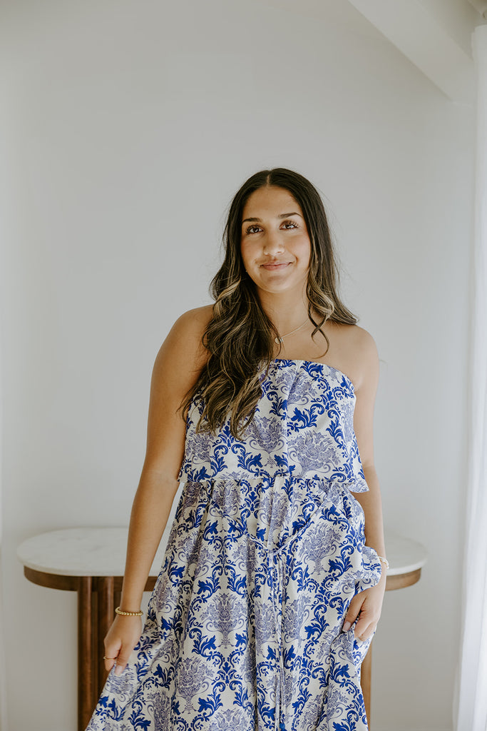 Strapless Printed Belted maxi Dress
