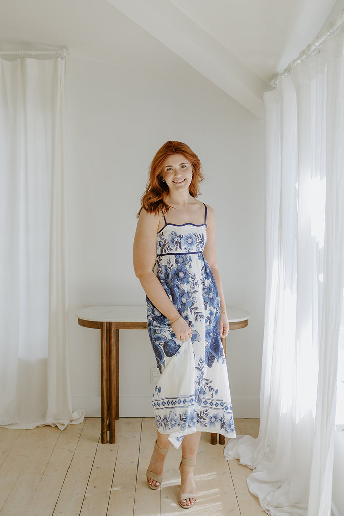 Scallop Trim Floral Midi Dress - Blue