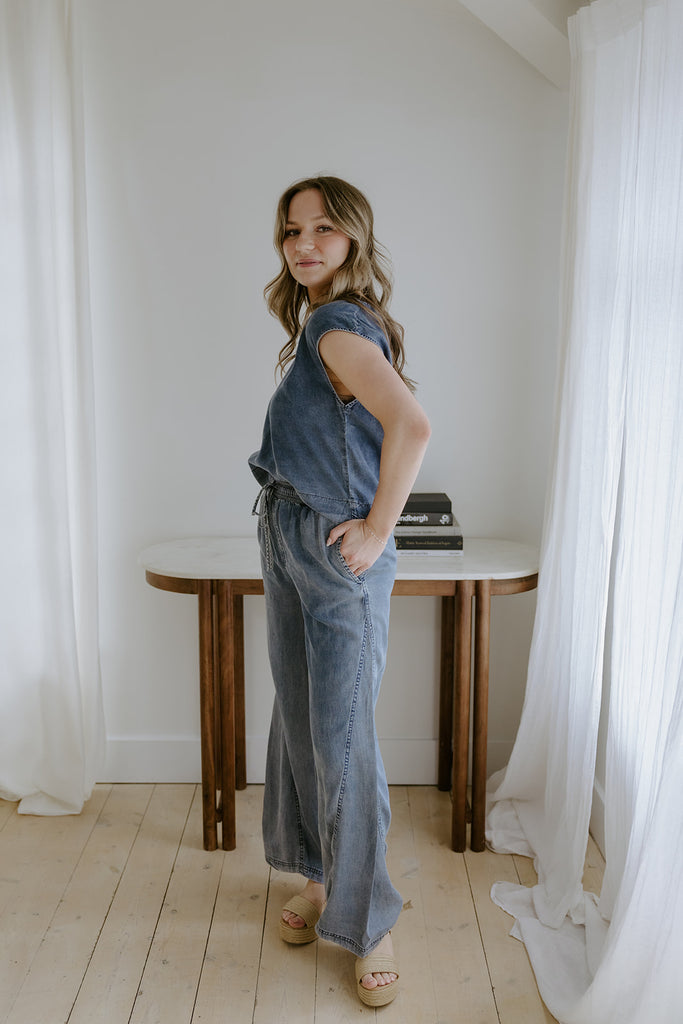 Mineral Wash Denim Top & Pant Set