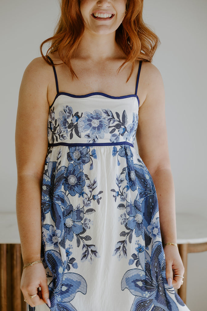 Scallop Trim Floral Midi Dress - Blue