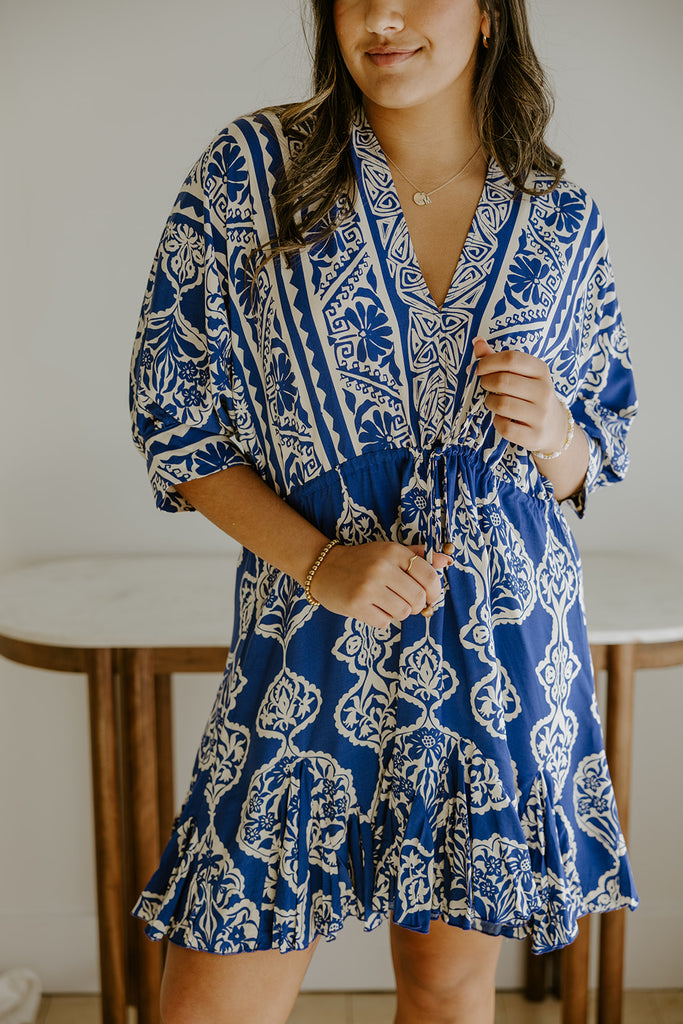 Dolman Front Tie Mini Dress - Royal Blue