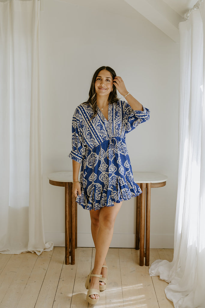 Dolman Front Tie Mini Dress - Royal Blue