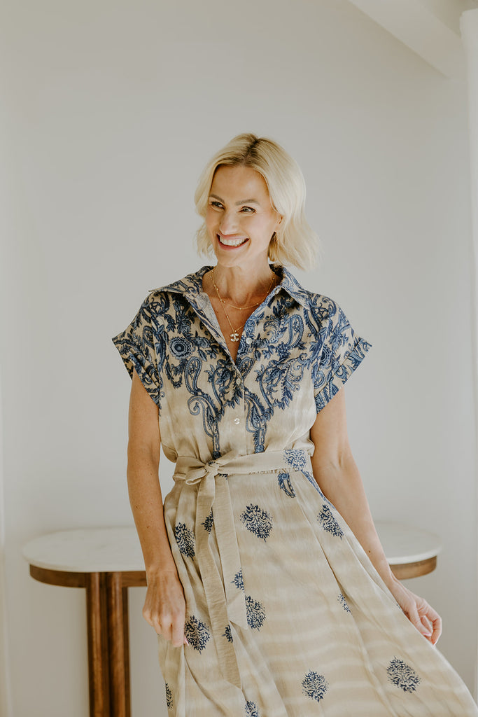 Button Down Belted Maxi - Blue