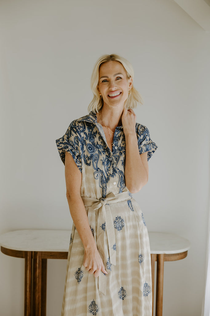 Button Down Belted Maxi - Blue