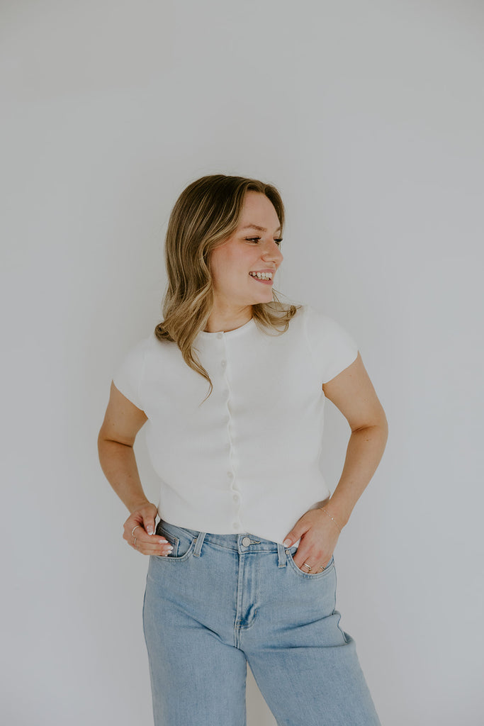 Short Sleeve Classic Cardi - White