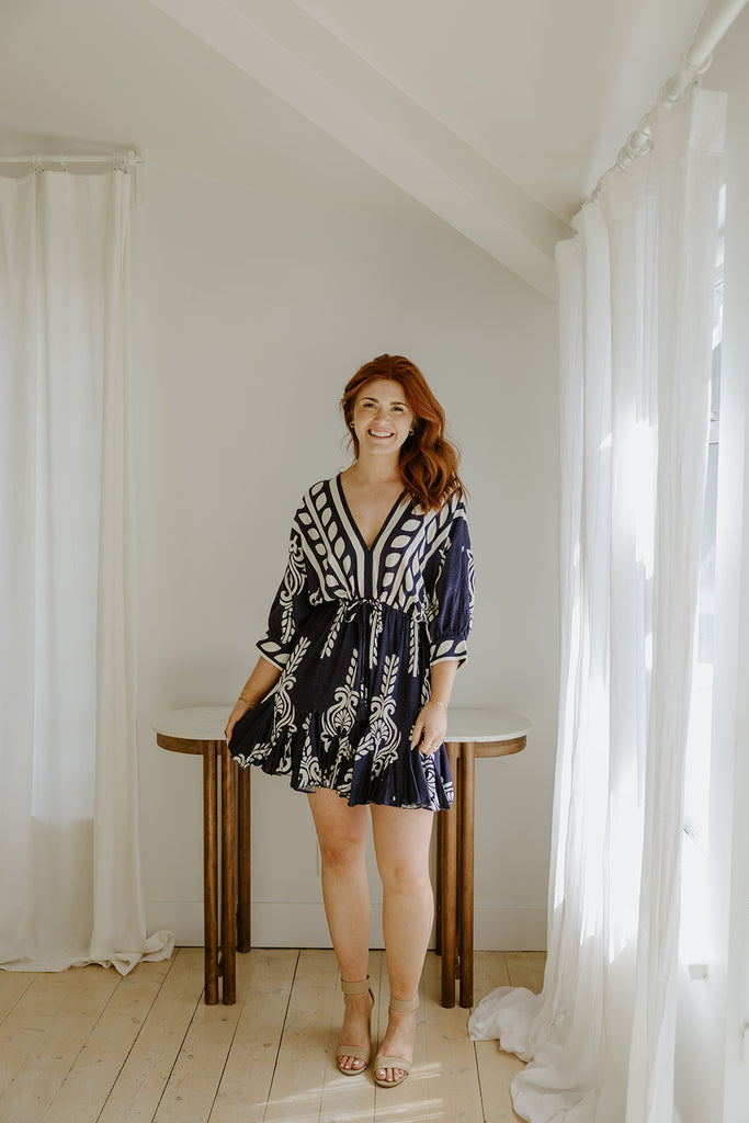 Dolman Front Tie Mini Dress - Navy/White