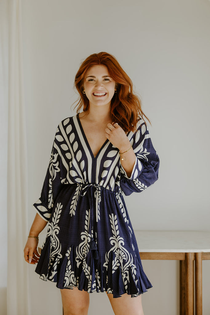 Dolman Front Tie Mini Dress - Navy/White