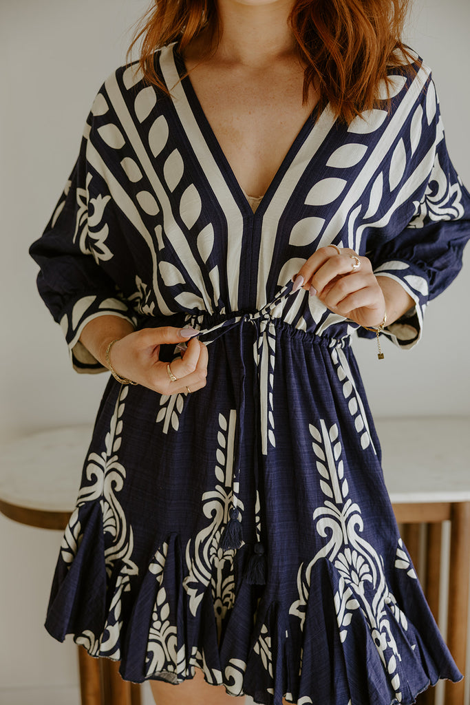 Dolman Front Tie Mini Dress - Navy/White