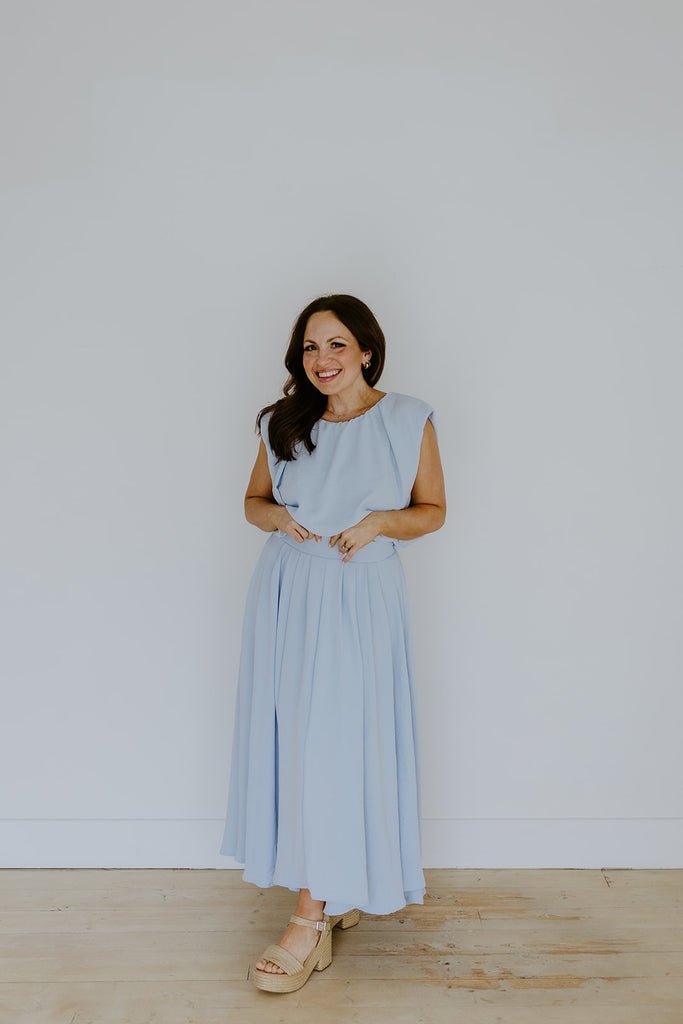 Bubble Top & Flowy Midi Skirt Set - Blue