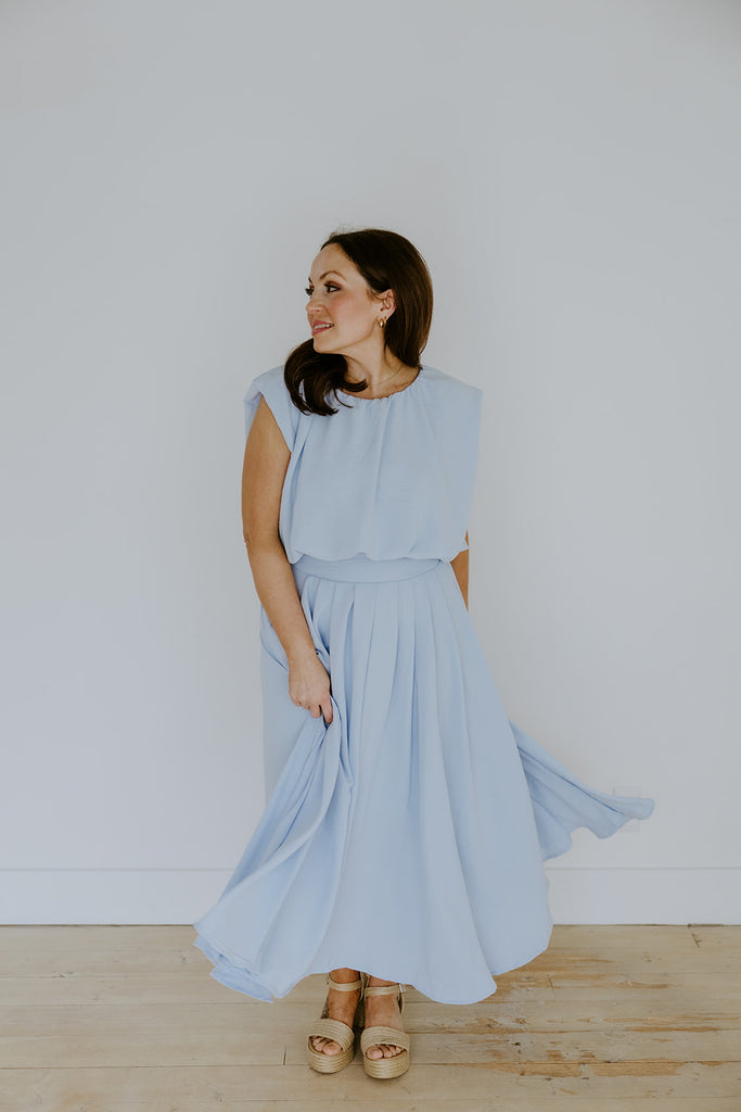 Bubble Top & Flowy Midi Skirt Set - Blue