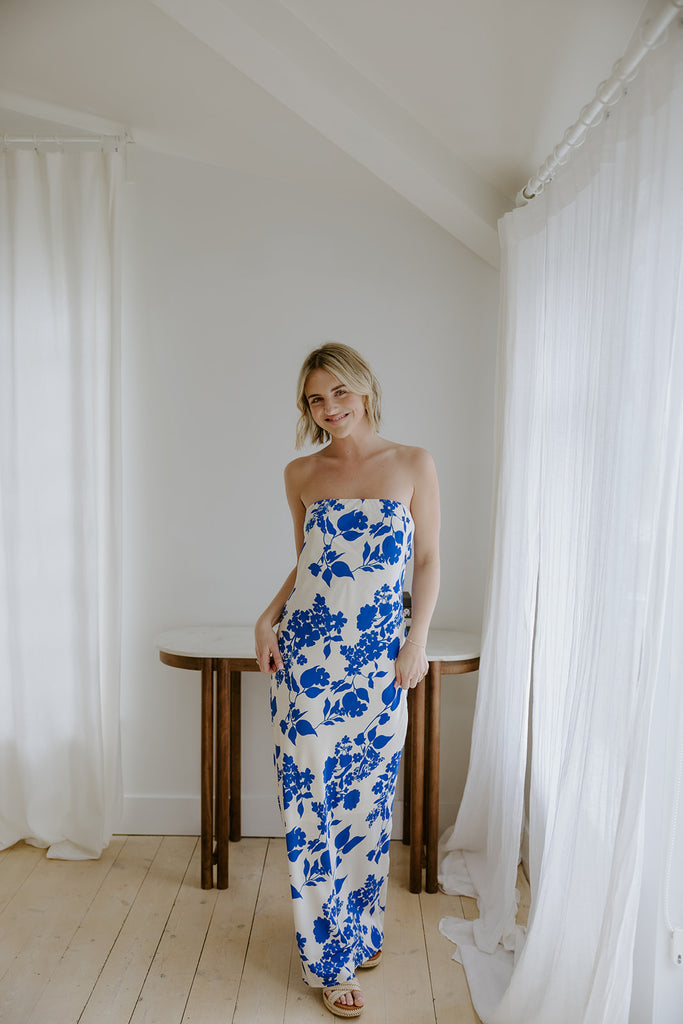Tube Top Floral Maxi Dress - Blue
