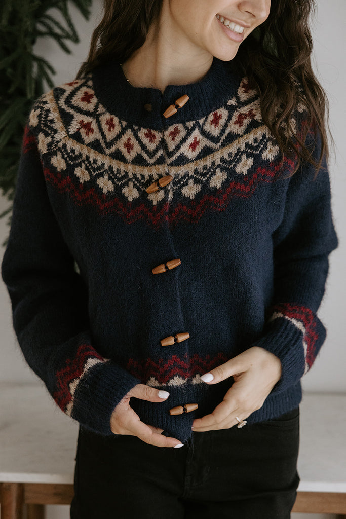 Fair Isle Sweater with Toggles - Navy