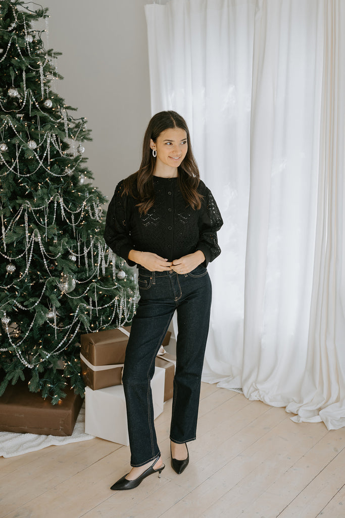 Crochet Mixed Material Cardigan - Black