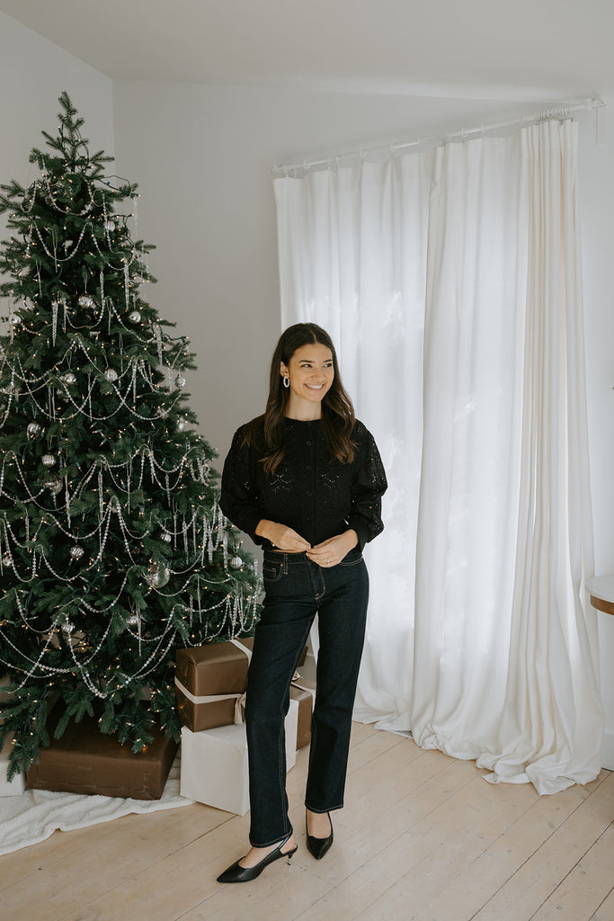 Crochet Mixed Material Cardigan - Black