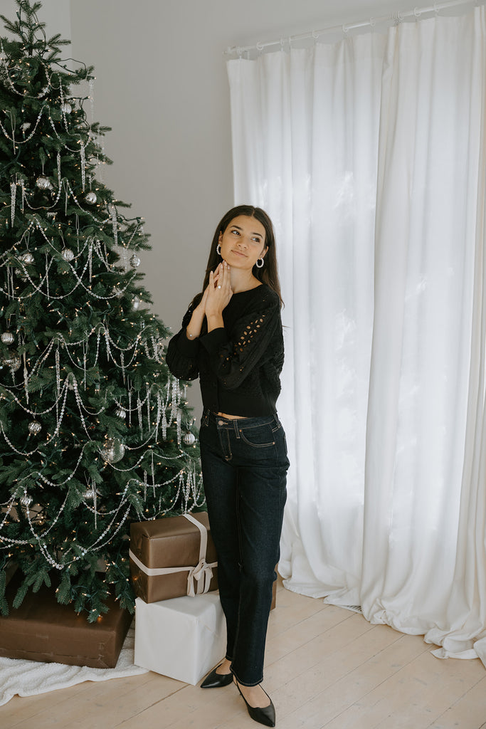 Crochet Mixed Material Cardigan - Black