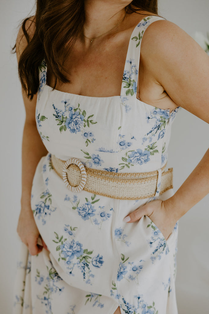 Dream Blue Linen Midi Dress with Belt – Muse Social Fashion House