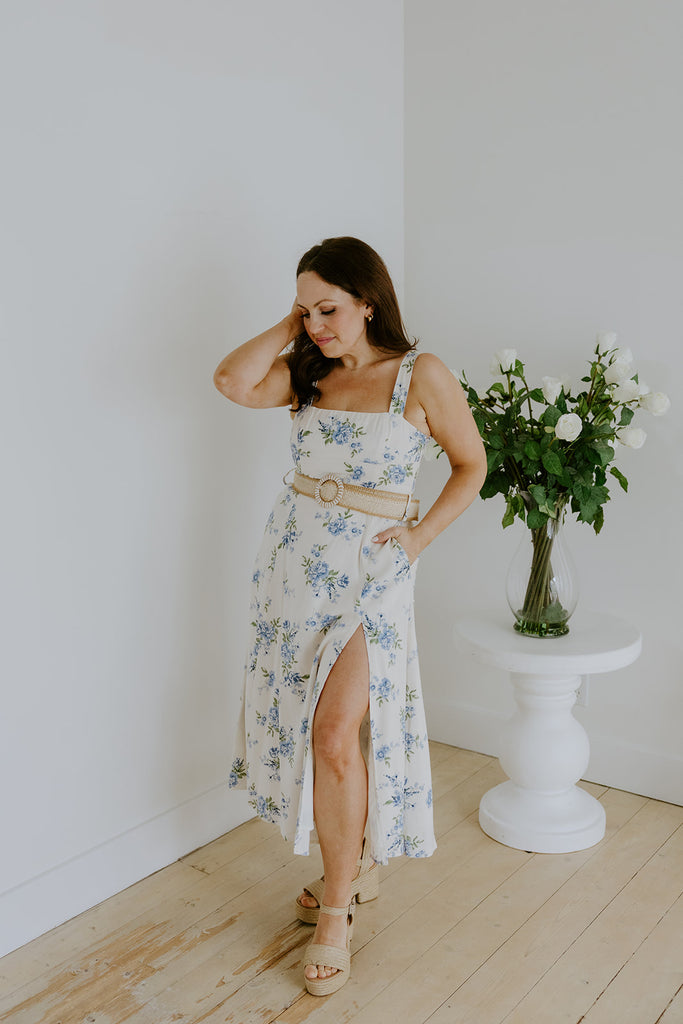 princess polly baby blue dress Dream Blue Linen Midi Dress with Belt – Muse Social Fashion House