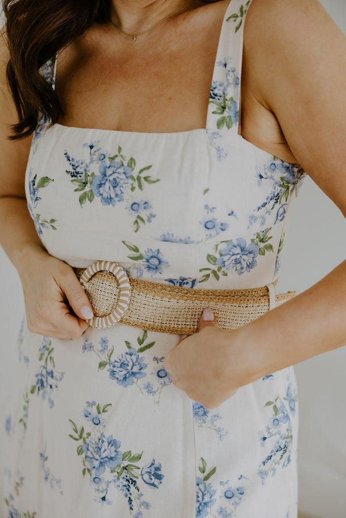 Dream Blue Linen Midi Dress with Belt
