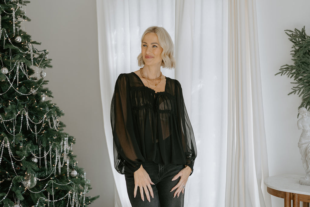 Sheer Long Sleeve Blouse - Black